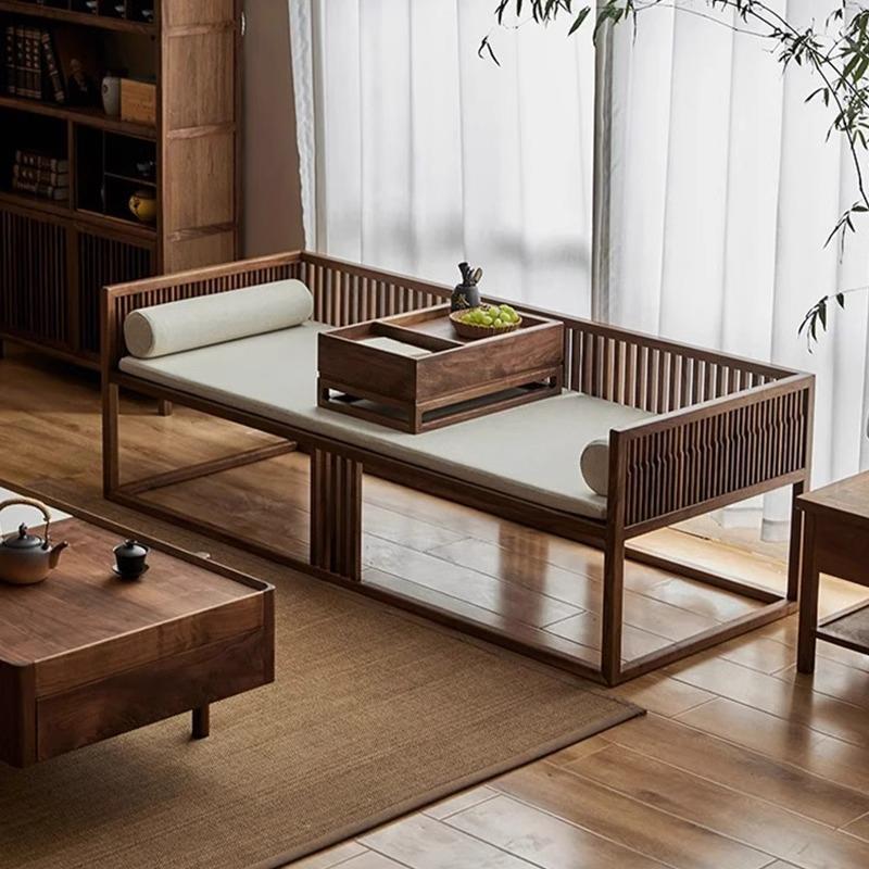 轻奢高端新中式北美黑胡桃木罗汉床客厅简约实木现代沙发床贵妃榻