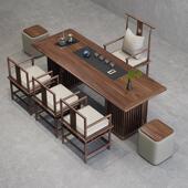 新中式 老榆木实木茶桌乌金石茶盘一体功夫茶台办公室泡茶桌椅组合