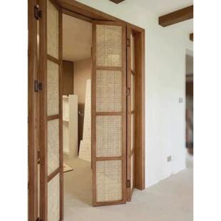 藤编隔断门实木门折叠推拉门厨房卧室卫生间隐形伸缩门藤编门定制