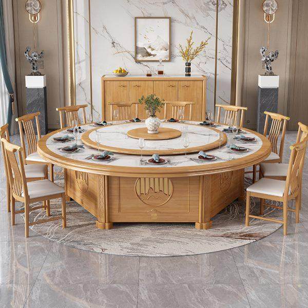 新中式内嵌岩板餐桌家用15人实木大圆桌酒店餐厅1.8m电动吃饭桌子