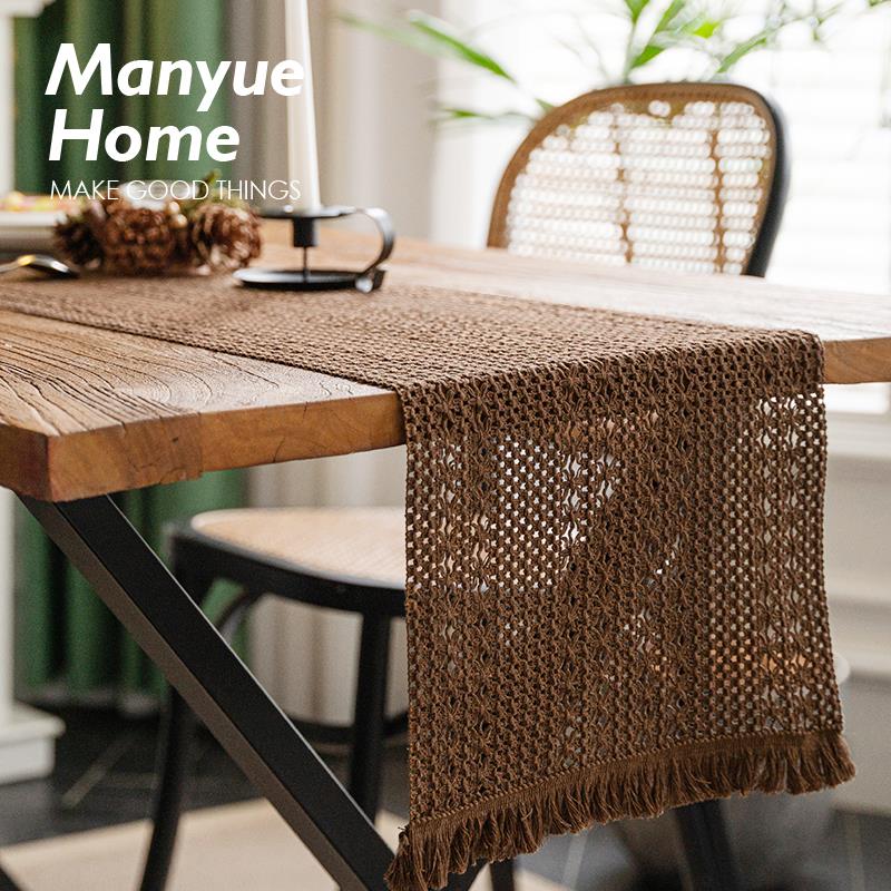 蔓越家 复古棉麻桌旗派对装饰编织流苏隔热茶艺桌垫拍照背景布