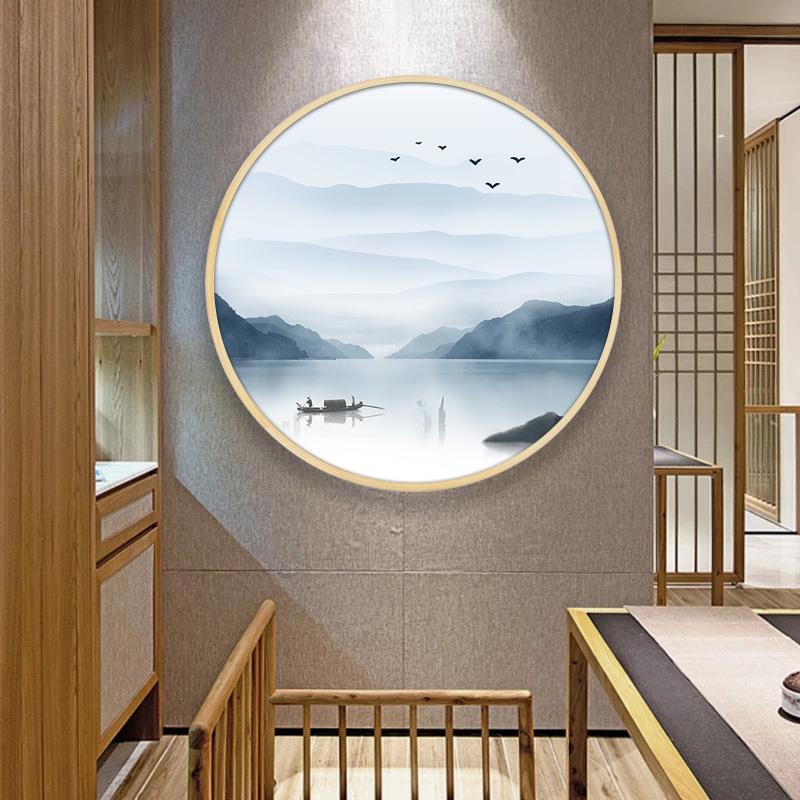 山水画新中式圆形挂画办公室玄关装饰画茶室水墨画禅意背景墙壁画