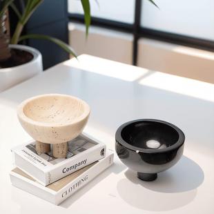 侘寂风天然大理石高脚果盘茶几收纳盘客厅餐桌创意黄洞石果碗摆件