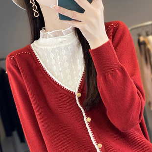 外搭休闲简约毛衣 大码 假两件上衣女2025新款 纯色打底衫 胖mm秋季