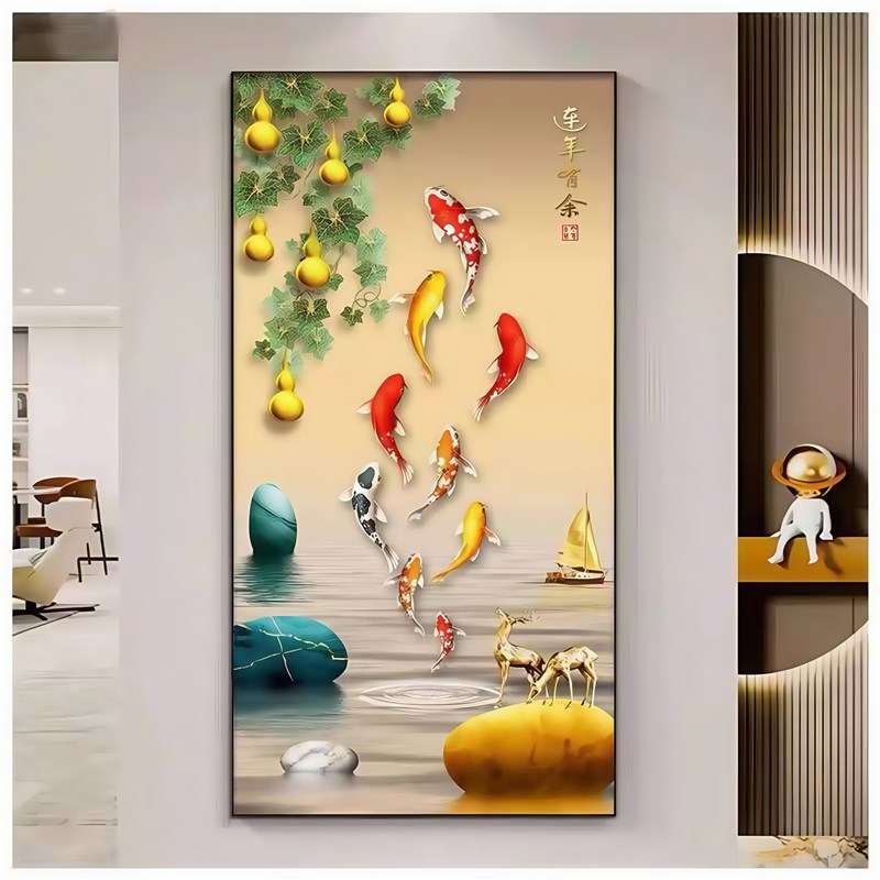 荷花九鱼图轻奢高档玄关画入户装饰画新中式过道走廊LWED带灯挂画