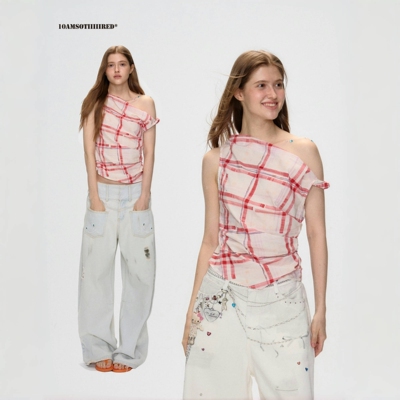 10AMsotiiiiired夏季新款露肩复古格纹斜肩扭结上衣