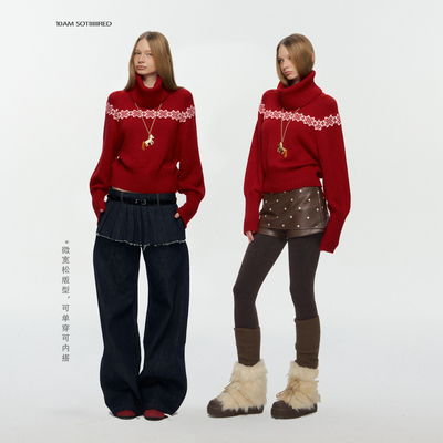 10AM*费尔岛30%羊毛提花红色毛衣