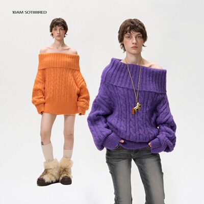 羊毛混纺亮片一字肩套头紫色毛衣