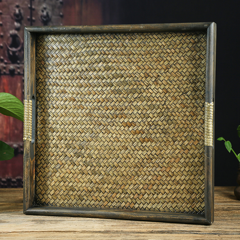 泰国手工创意实木竹编托盘 木质工艺品藤编茶盘SPA精油托盘水果盘