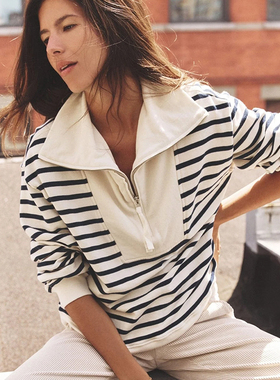 Xirena 海军风条纹拉链卫衣女宽松百搭休闲上衣