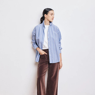 Hartford女士条纹棉府绸宽松衬衫采用微落肩袖剪裁缀以珍珠母纽扣