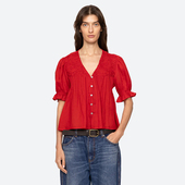 苎麻混纺花边衬衫 红色泡泡袖 Sea V领系扣衬衫 女26新款 韩版