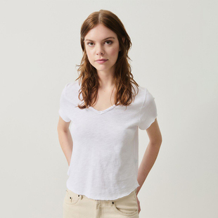 AMERICAN VINTAGE 纯色简约运动透气V领短袖百搭通勤上衣秋冬打底