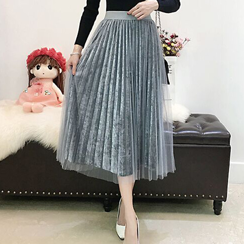 丝绒百褶裙半身裙金属色女金丝绒中长款2019新款韩版百搭网纱裙秋|ruв категории Женская одежда, юбка - от Buy2taobao.com для оказания профессиональной услуги покупки агента Taobao