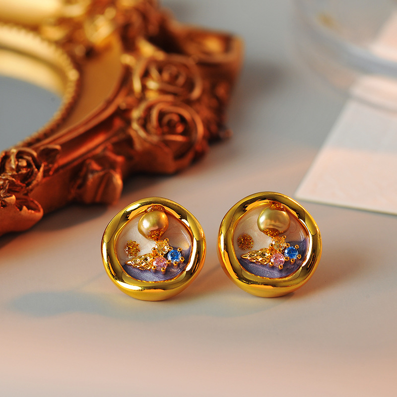 2025年莫奈法式复古油画风珠珠耳环女新中式高级感耳饰品