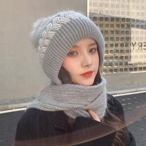 帽子围巾一体式女韩版冬保暖毛线帽骑车护耳针织帽加绒可爱围脖帽