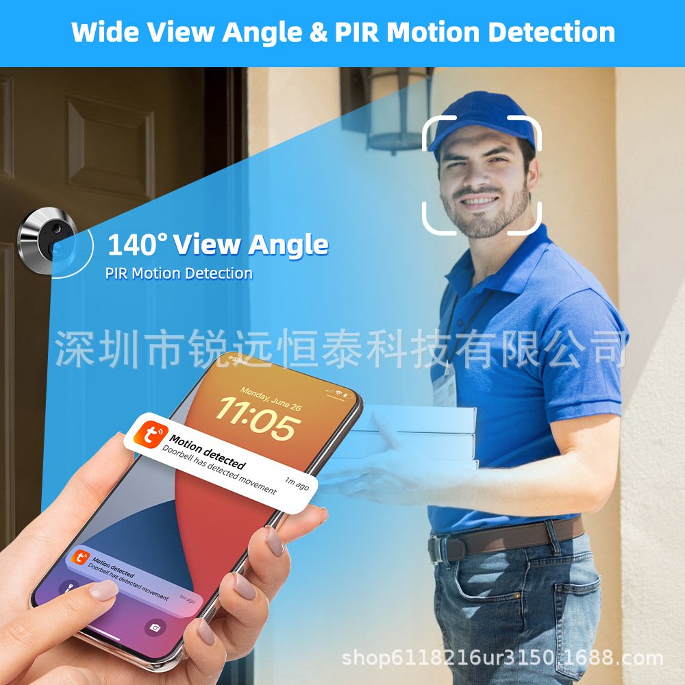 3MP涂鸦Tuya智能无线WiFi140°广角猫眼可视门铃监控APP远程控制