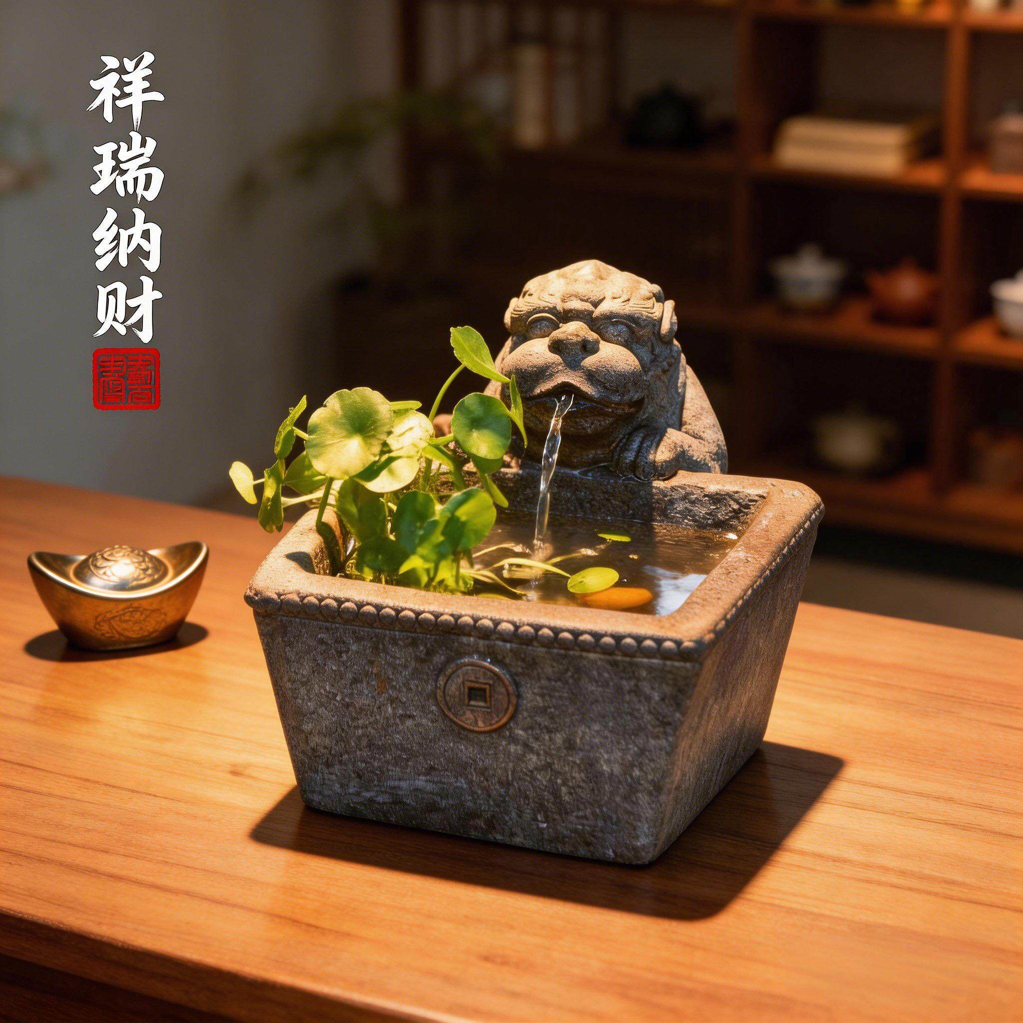 貔貅流水摆件循环水中式生财桌面鱼缸景观茶室茶桌办公室乔迁装饰