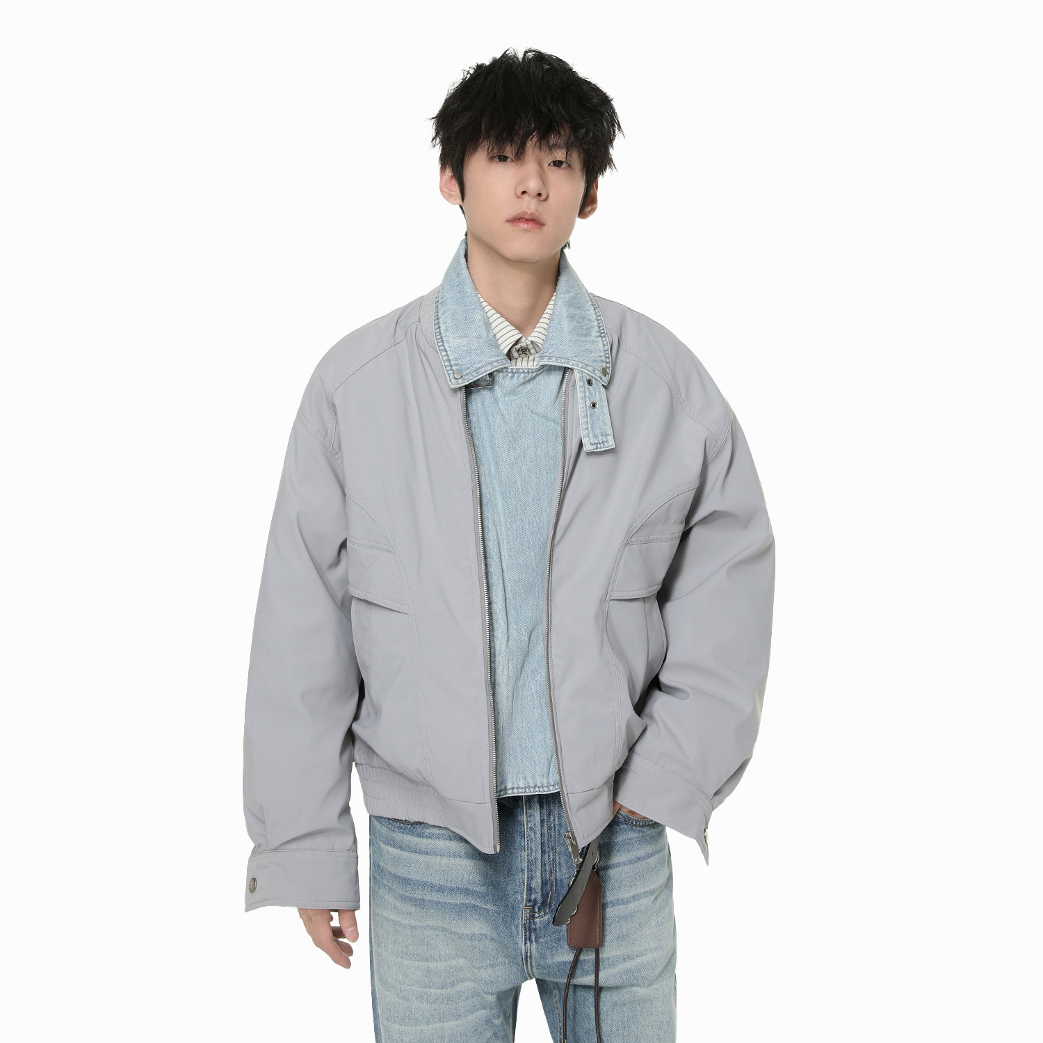 ATCG GCOT美式拼接牛仔假两件翻领90%白鸭绒保暖羽绒服休闲外套男
