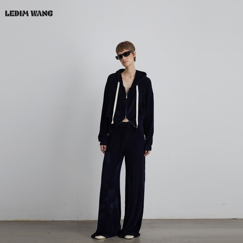 LEDIM WANG红标/慵懒风绒感居家时尚套装女25冬新款藏蓝卫衣/卫裤