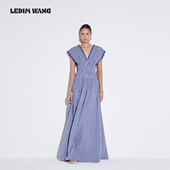 连衣裙女春夏新款 LEDIM 长裙 浪漫度假风格 纹V领无袖 WANG白标 法式