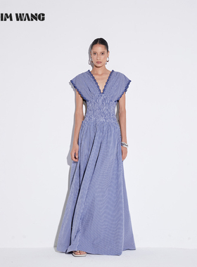 LEDIM WANG白标/法式浪漫度假风格纹V领无袖连衣裙女25秋新款长裙