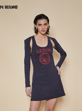 LEDIM WANG美式印花砂洗连衣裙女新款设计感做旧水洗时尚两件套