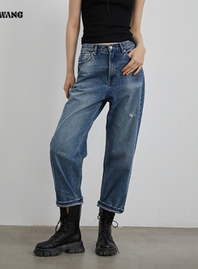LEDIM WANG经典百搭洗水牛仔裤女25冬季新款百搭直筒小脚裤长裤