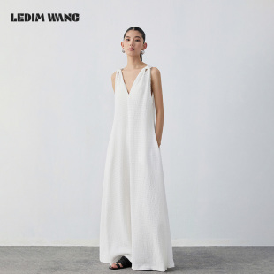 LEDIM 设计师原创气质白色百搭大摆裙 WANG度假风V领连衣裙女新款