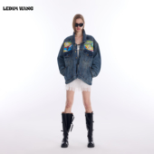 LEDIM 夹克翻领 水洗纯棉长袖 WANG复古印花牛仔外套女2026春季 新款