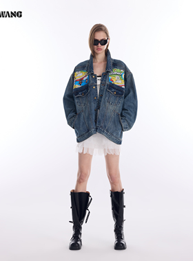 LEDIM WANG复古印花牛仔外套女2026春季新款水洗纯棉长袖夹克翻领
