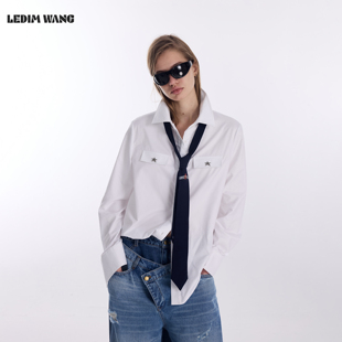 LEDIM WANG印花撞色领带衬衫女2026春季新款白色长袖宽松内搭衬衣