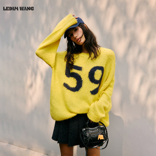 LEDIMWANG撞色提花落肩毛衣女
