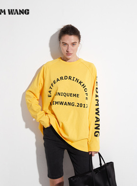 LEDIM WANG纯棉字母印花圆领长袖T恤女黄色小众设计百搭宽松上衣