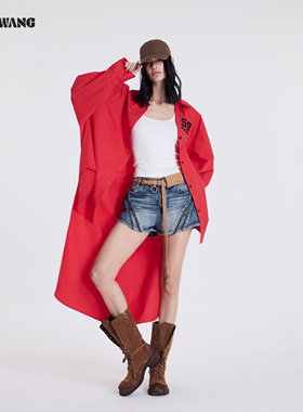 LEDIM WANG拖尾防晒长款衬衣女26春夏新款外套红色长袖薄款衬衫