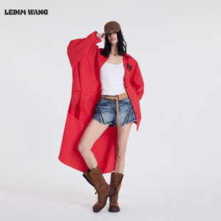 LEDIM WANG印花拖尾长款衬衣女2026春夏新款红色长袖薄款防晒衬衫