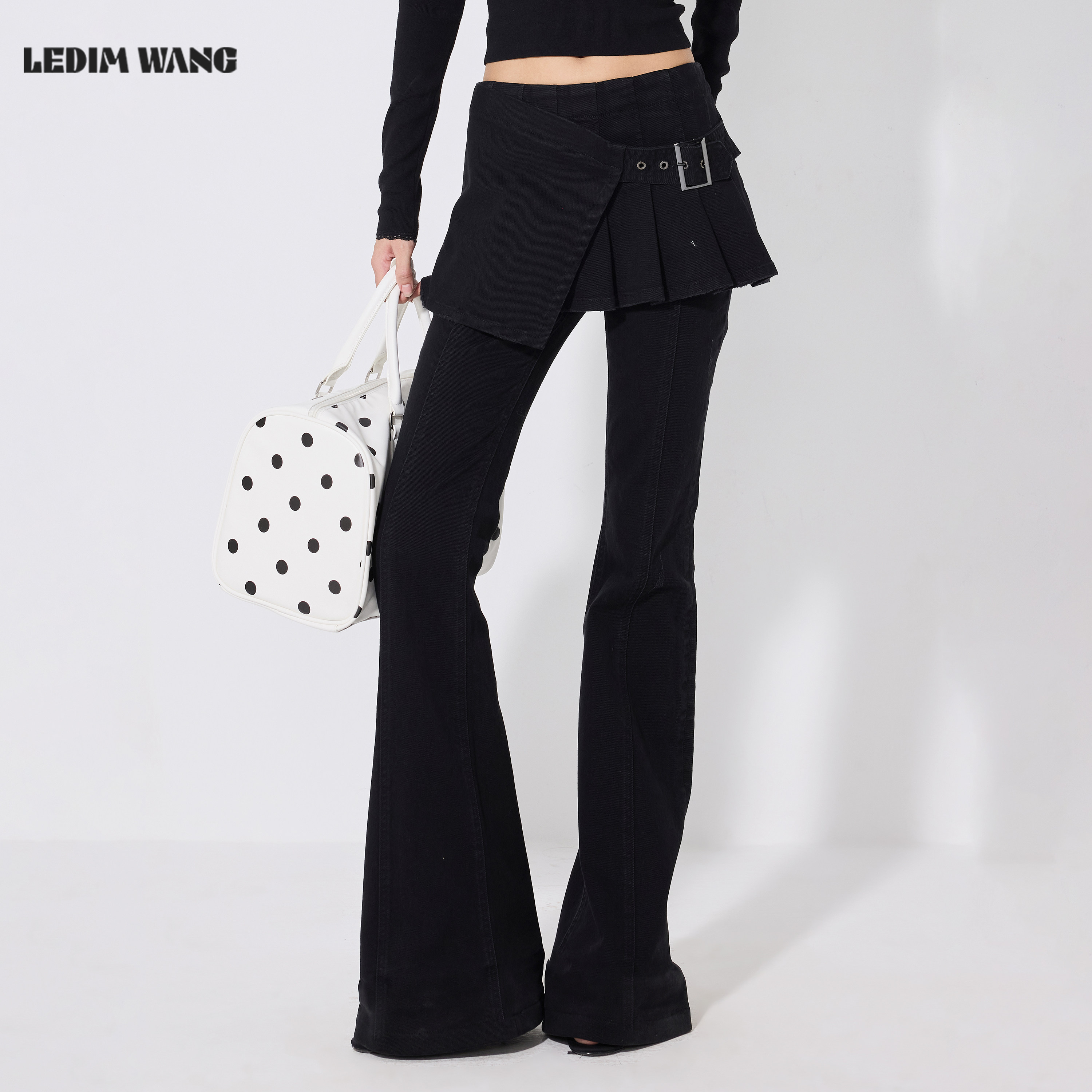 LEDIMWANG百褶搭片微喇牛仔裤女图片