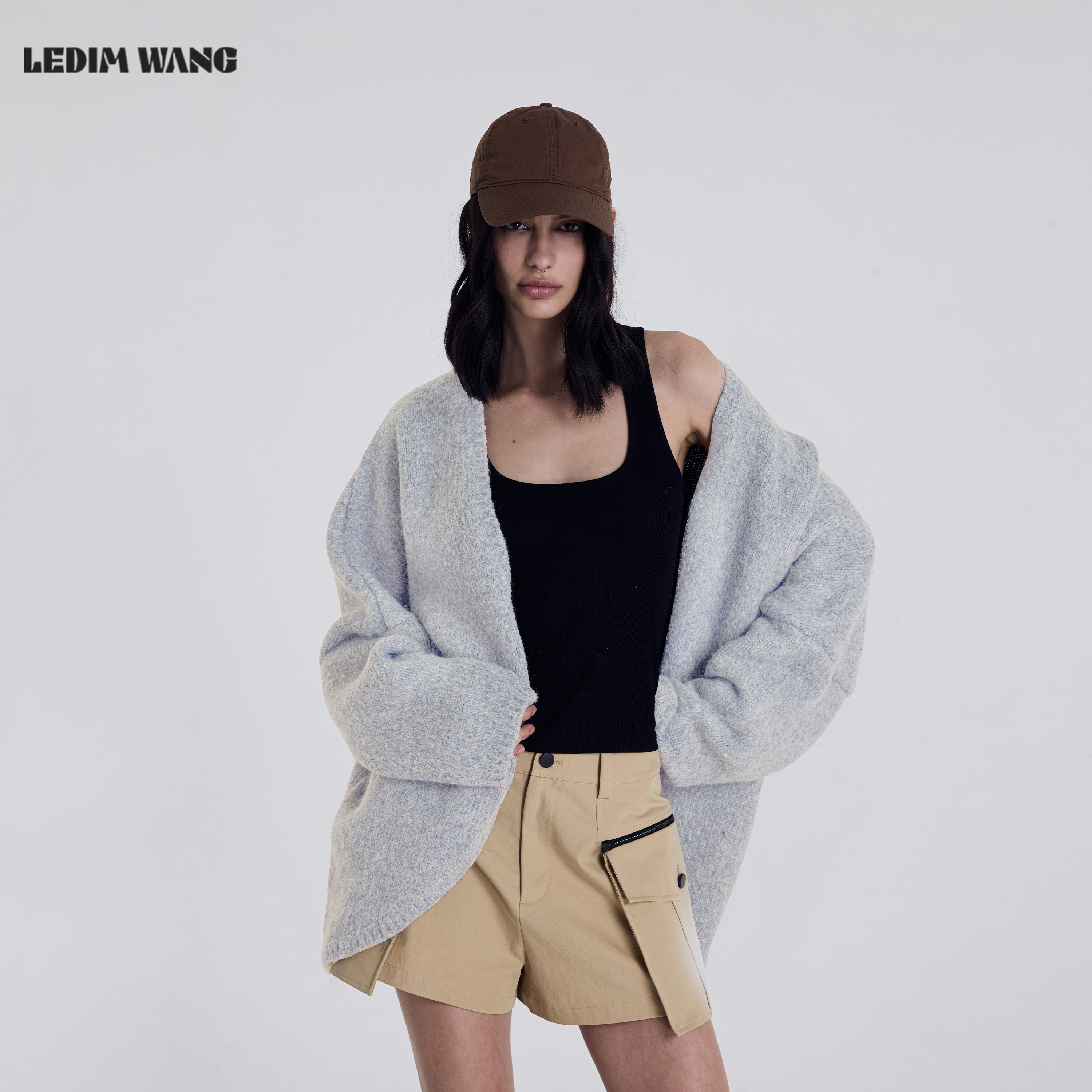 LEDIM WANG蝙蝠袖羊驼毛针织开衫毛衣女浅灰色宽松慵懒感冬新款