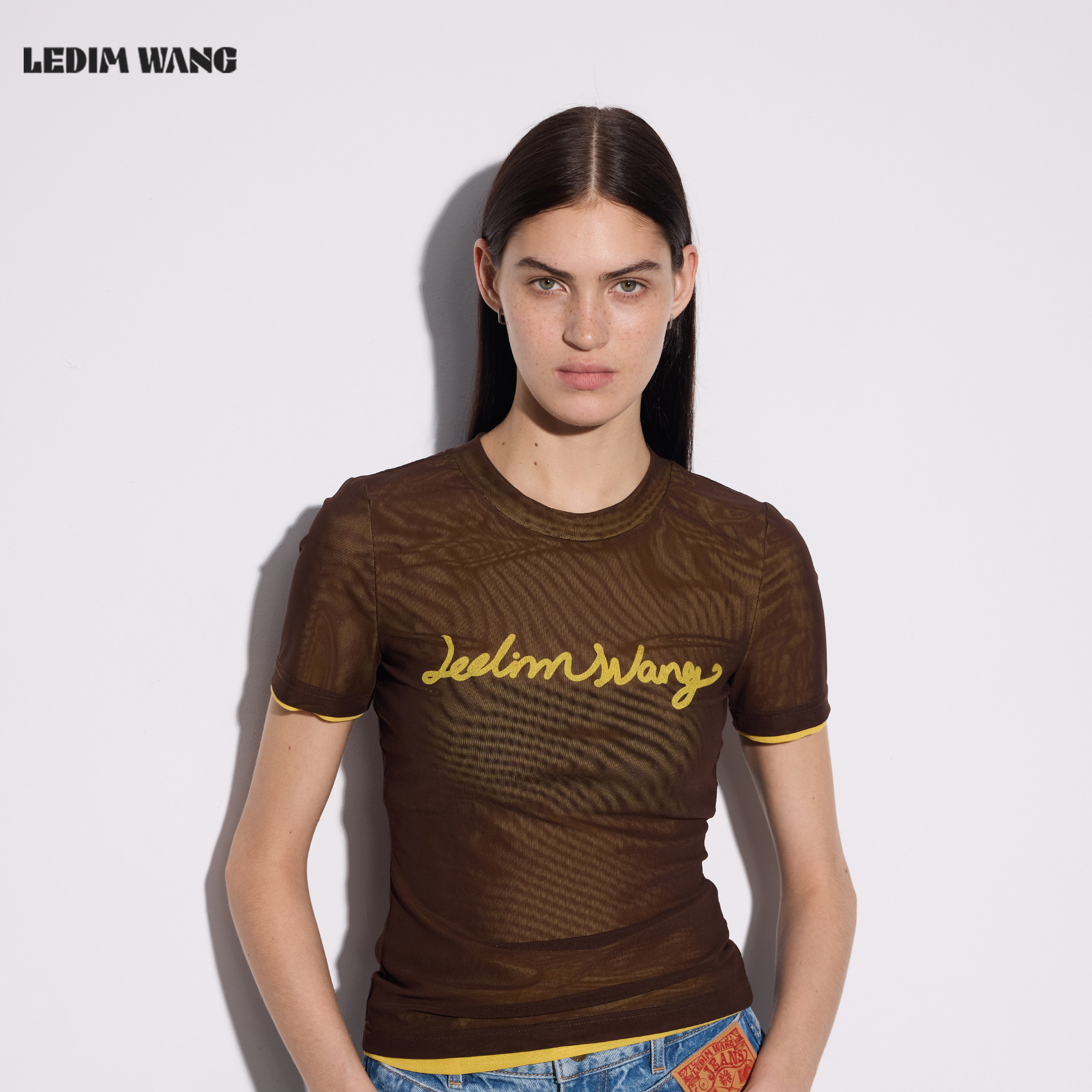 LEDIM WANG假两件撞色印花叠穿T恤女26夏季新款咖色薄款短袖上衣