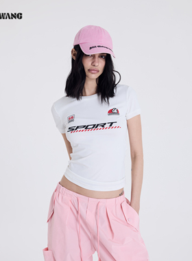 LEDIM WANG运动感修身T恤女2026春夏新款印花白色短袖百搭上衣