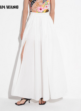 LEDIM WANG【白标系列】褶子开叉A摆半身裙2025新款女秋白色长裙