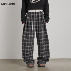 【明星同款】LEDIM WANG灰白粗呢格纹休闲裤女25秋冬新款阔腿长裤
