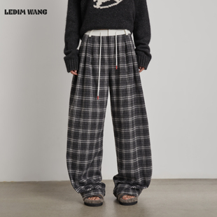 女25秋冬新款 WANG灰白粗呢格纹休闲裤 LEDIM 阔腿长裤 明星同款