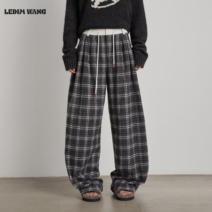 【明星同款】LEDIM WANG灰白粗呢格纹休闲裤女25秋冬新款阔腿长裤