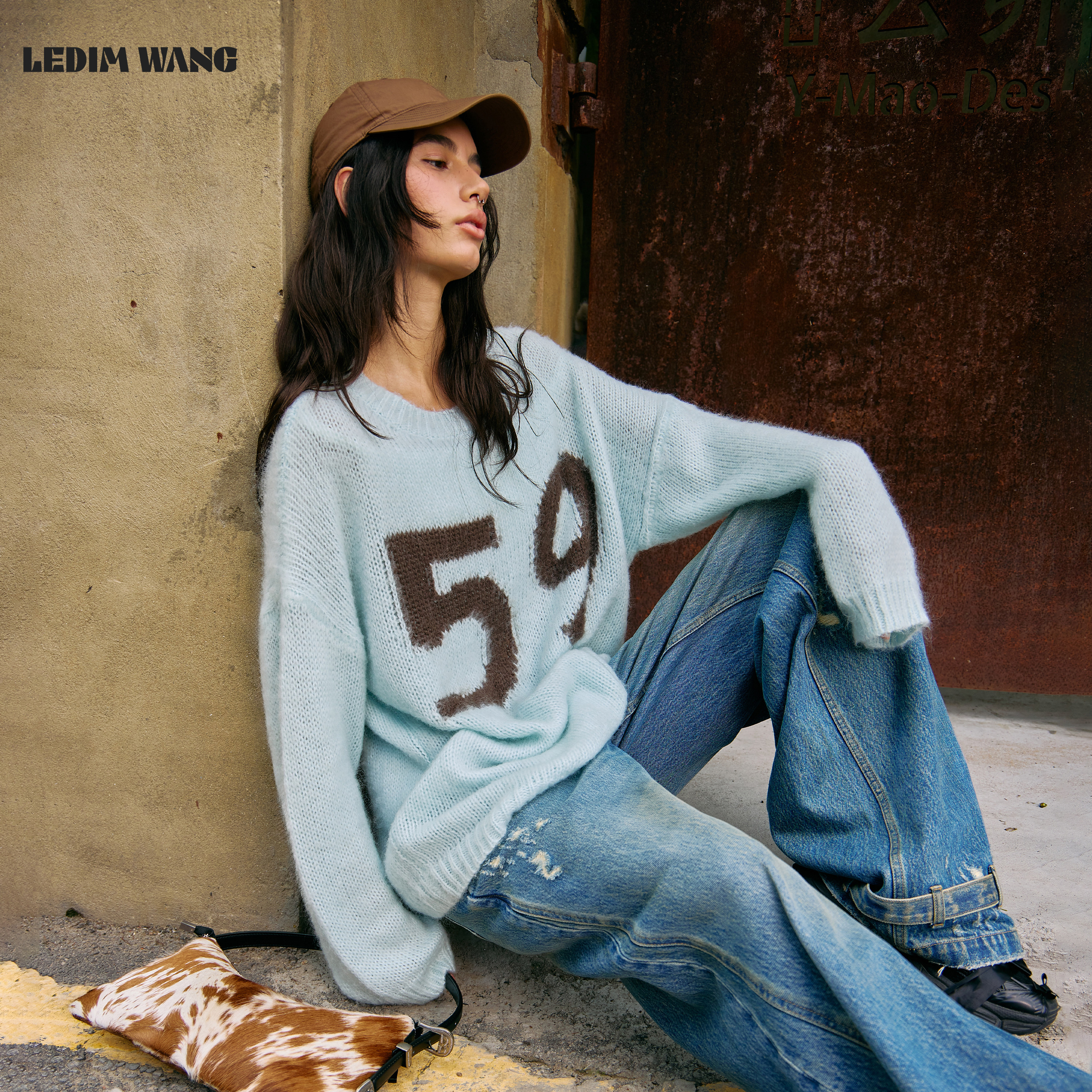 LEDIM WANG美式提花阔版宽松毛衣女款蓝色柔软亲肤上衣26秋冬新款