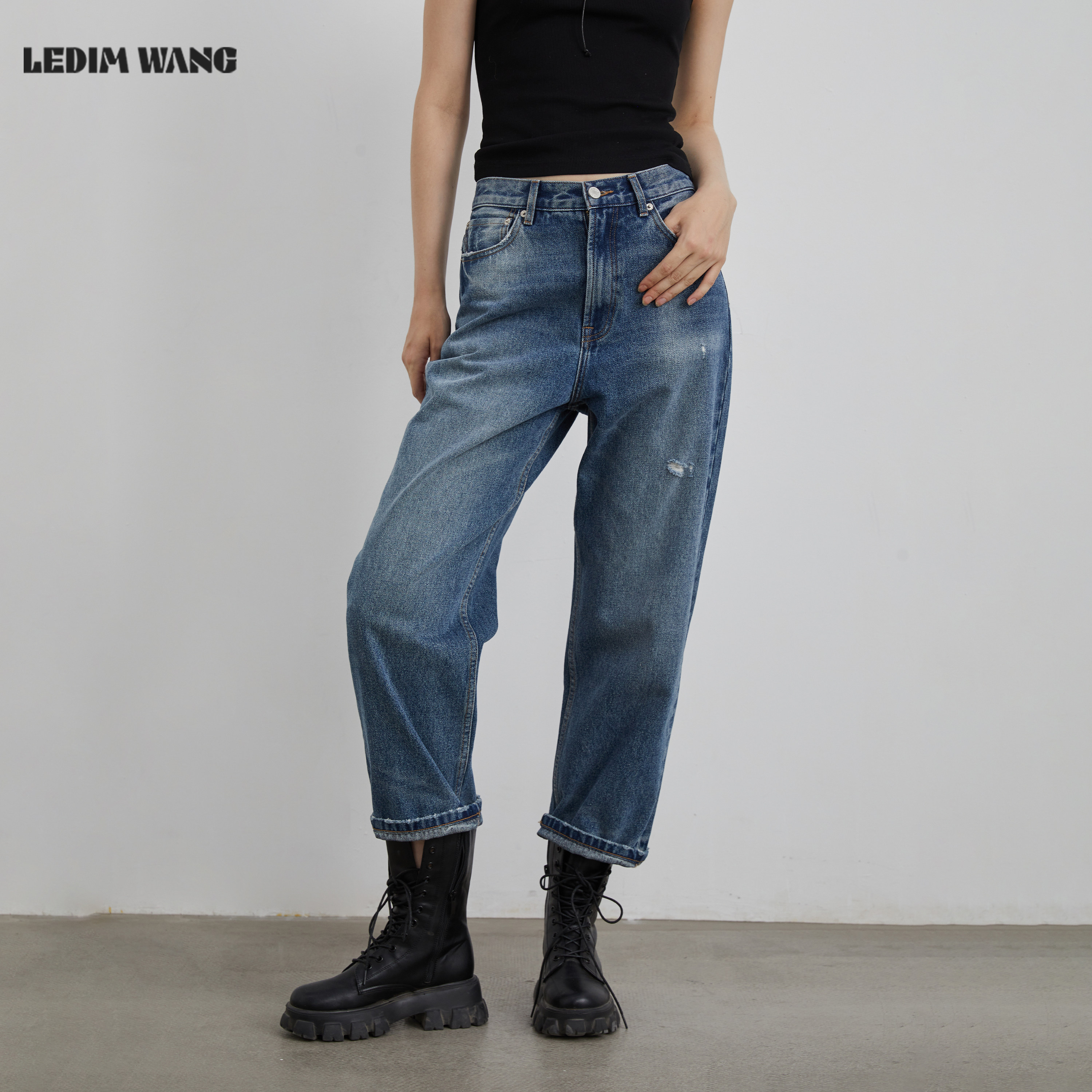 LEDIM WANG经典百搭洗水牛仔裤女新款百搭直筒小脚裤长裤休闲通勤