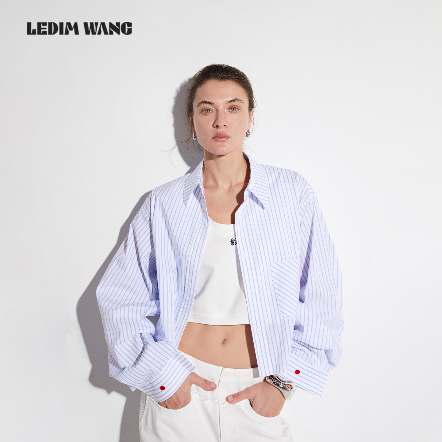 LEDIMWANG条纹印花短款长袖衬衣