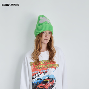 保暖冷帽 宽松厚款 LEDIM WANG酸性绿提花针织帽女2025秋冬新款