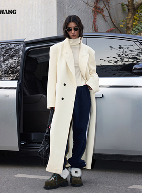 LEDIM WANG绵羊毛高智毛呢外套女25秋冬新款解构白色长款直筒大衣