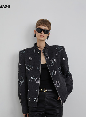 LEDIM WANG黑标/高智感亮片羊毛刺绣毛呢外套女25秋冬新款深灰色